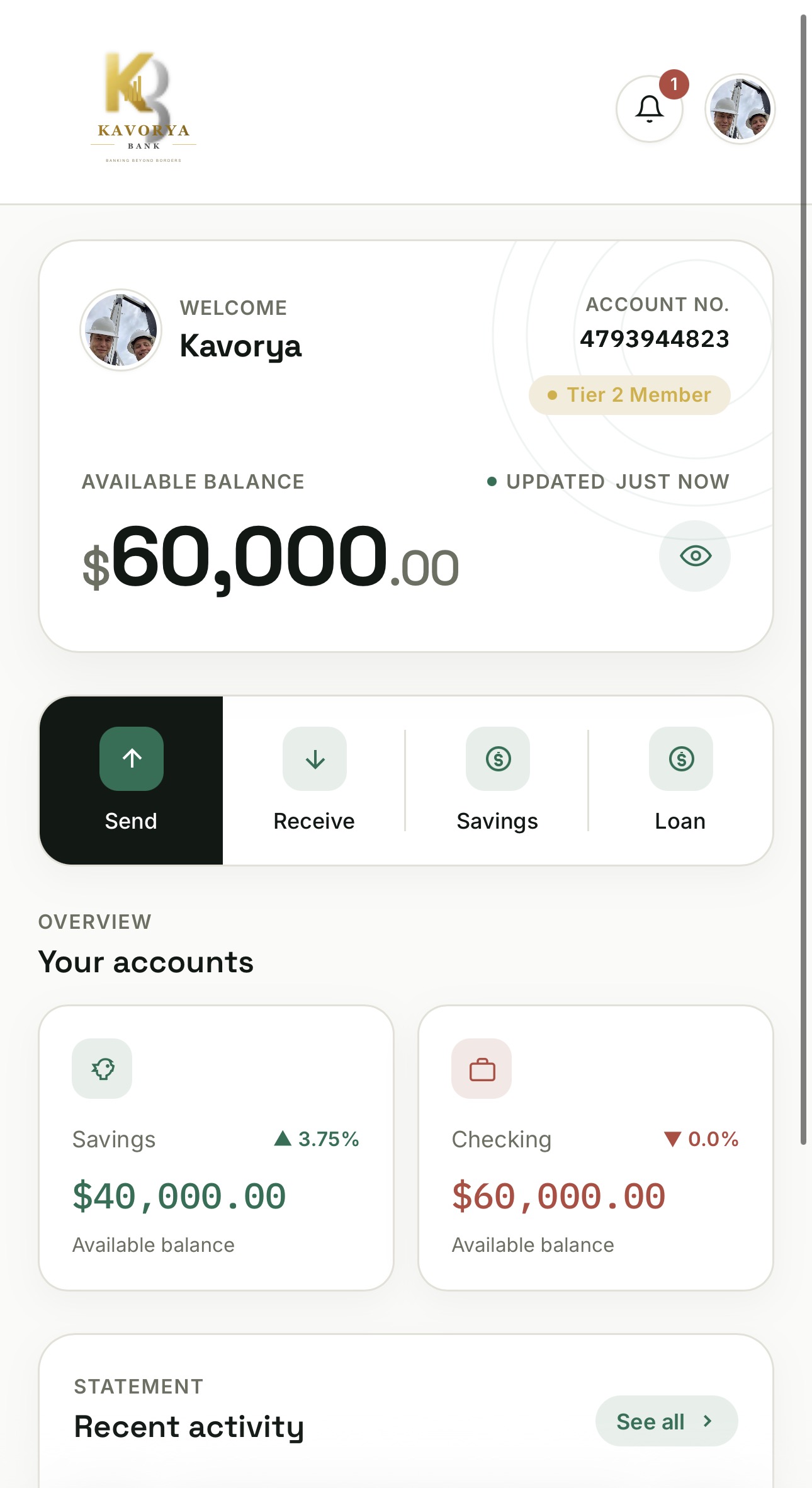 KAVORYA BANK dashboard mockup